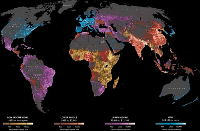 Mapa distribución del nivel de renta en el mundo
