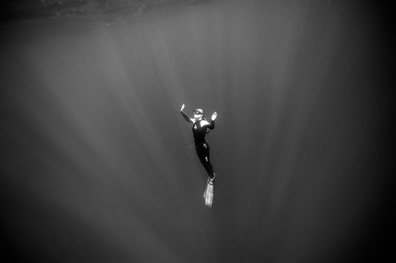 El conservacionista y oficial de seguridad de buceo Ocean Ramsey nada hacia la superficie mientras en buceo libre en la costa de Haleiwa. Autor: Donald Miralle