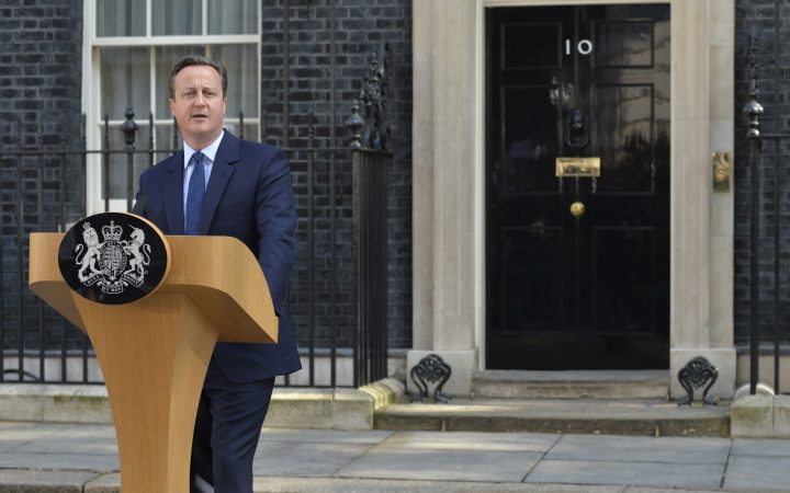 DAVID CAMERON POST REFERENDUM ANNOUNCEMENT The British Prime Minister, David Cameron, stood in front of assembled media at Number 10 Downing Street and announced that Britain had voted to leave the European Union.