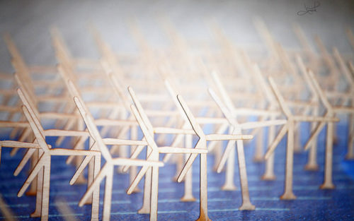 Modelo de un campo de turbinas de viento, creadoras de energía eólica, una de las energías renovables presentes en Costa Rica [Foto: tsaiproject vía Flickr].