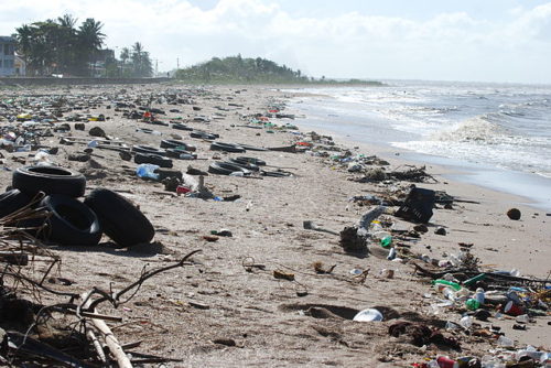 Contaminación por residuos en la costa de Guayana, ejemplo de lo que provoca un mala gestión de la basura [Foto: Nils Ally vía WikimediaCommons].