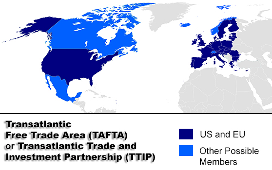 En azul oscuro los miembros del TTIP. En azul claro otros posibles miembros futuros. [Fuente: economyincrisis.org]