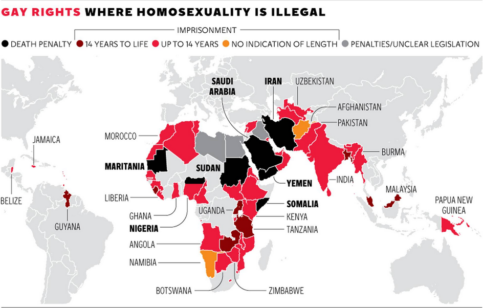 Mapa de los peores países del mundo para ser gay