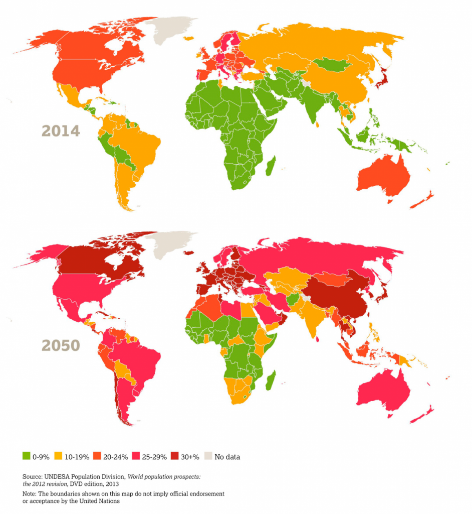 Global AgeWatch Index 2014: Proporción de población mayor de 60 años. Fuente: HelpAge International
