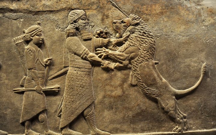 Bajorrelieve asirio de una cacería de leones, del palacio de Nínive (645 a.C.-635 a.C.)