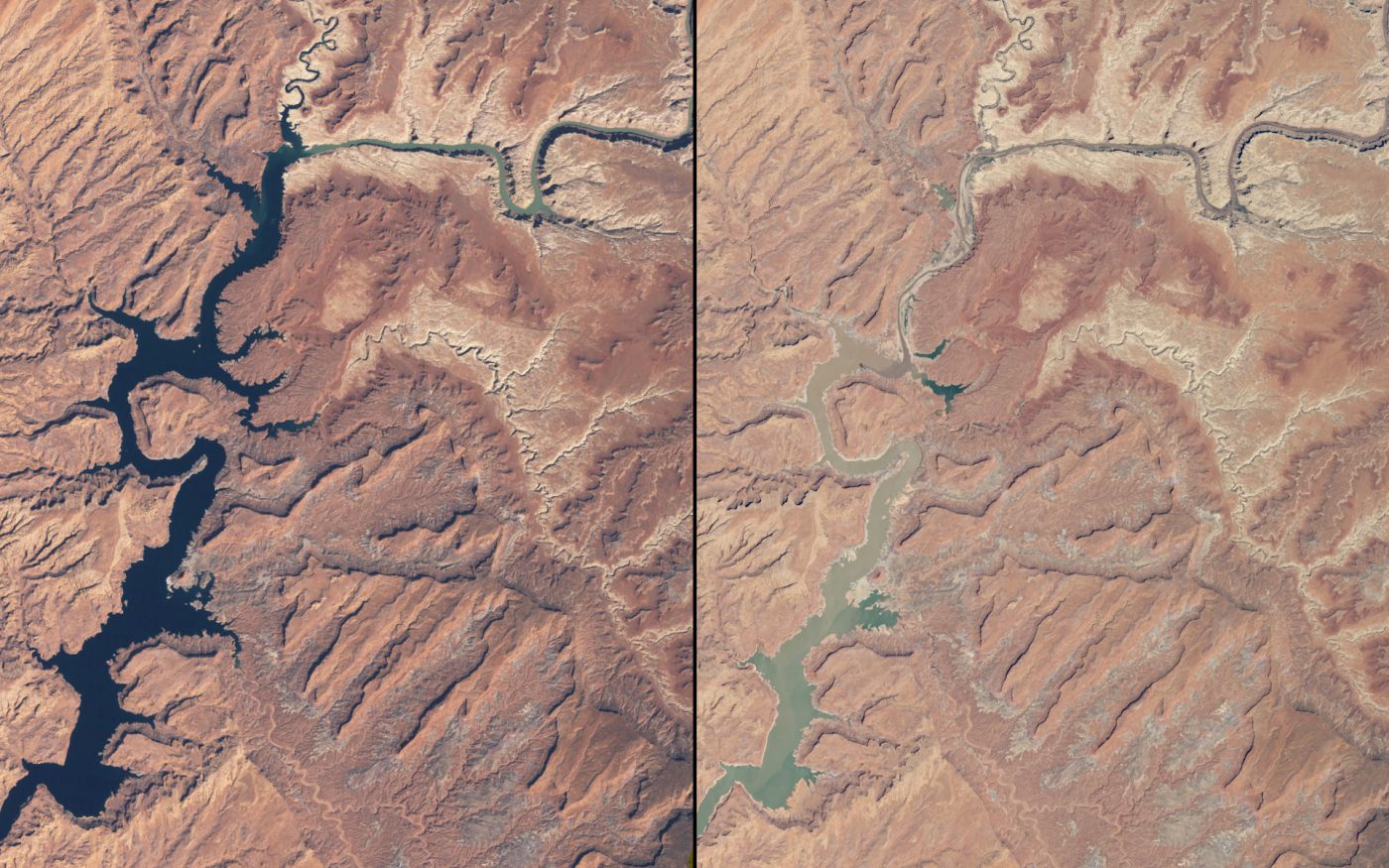 Sequía, Arizona y Utah (Marzo 1999 – mayo 2014): La sequía prolongada junto con la extracción de agua ha provocado una dramática caída en el nivel de agua del Lago Powell. Para mayo de 2014, el lago se había reducido a un 42% de su capacidad total. 