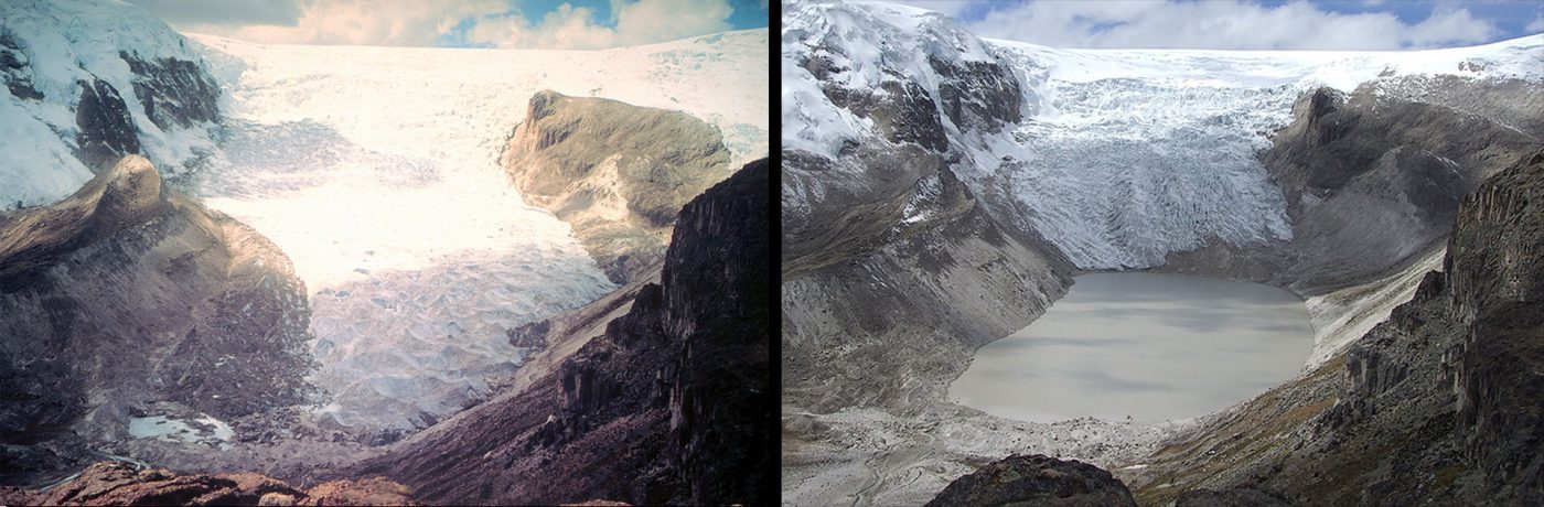 Derretimiento del glaciar Qori Kalis, Perú (Julio 1978 – julio 2011): En 1978, el glaciar seguía avanzando. En 2011, el glaciar se había retirado por completo de nuevo en la tierra, dejando un lago de 86 hectáreas de superficie y unos 60 metros de profundidad. 