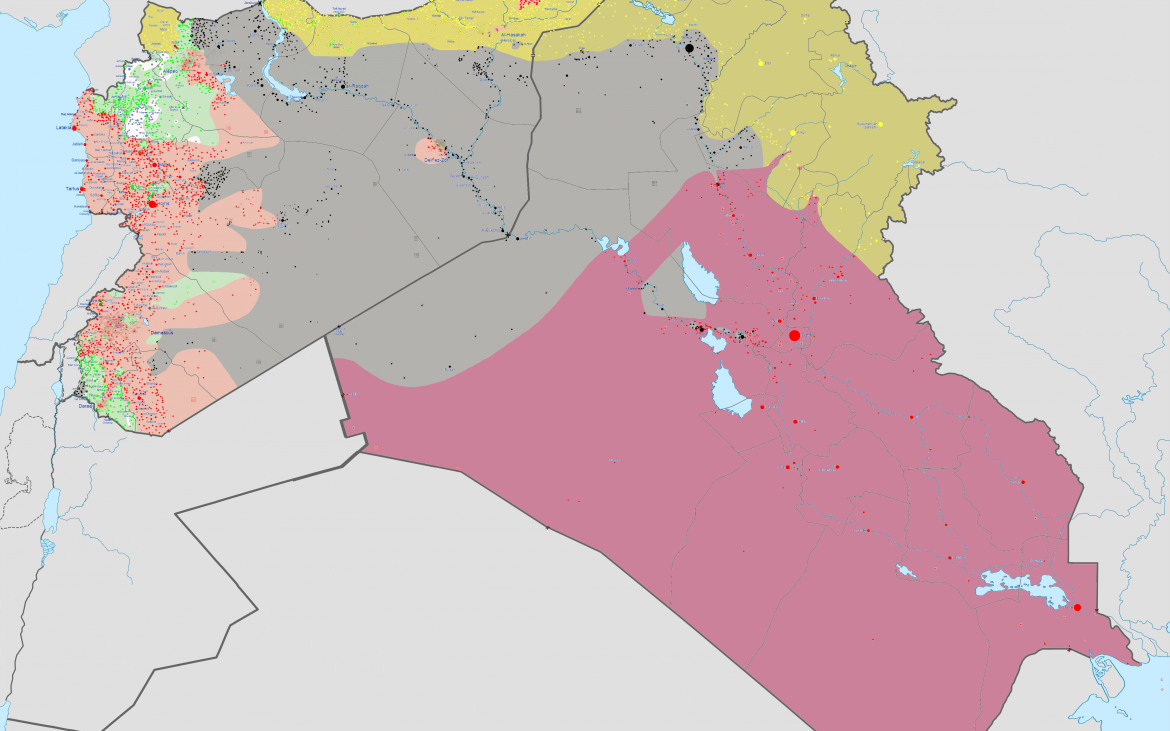 Mapa de Siria e Irak que muestra, aproximadamente, las zonas controladas por cada una de las facciones en combate en julio de 2014. En amarillo se muestran los territorios bajo control kurdo (la situación altamente volátil hace que este mapa este sujeto a cambios constantes). [Foto: BlueHypercane761 vía WikimediaCommons].