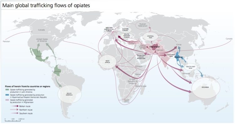 Principales flujos globales del tráfico de opiáceos. Fuente: World Drug Report.