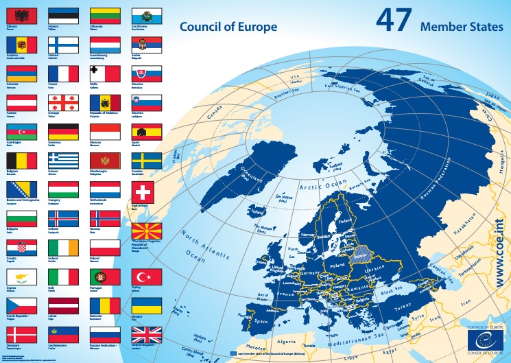 Mapa con los 47 estados miembros del Consejo de Europa.