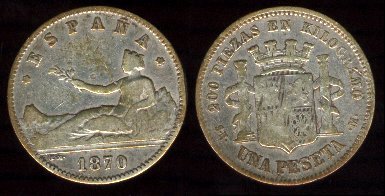 Primera moneda con facial de 1 Peseta emitida durante el Gobierno Provisional en 1870. Imagen: Wikipedia.