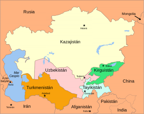 Mapa que muestra los cinco países que conforman la región de Asia Central [Foto: Themightyquill vía WikimediaCommons].